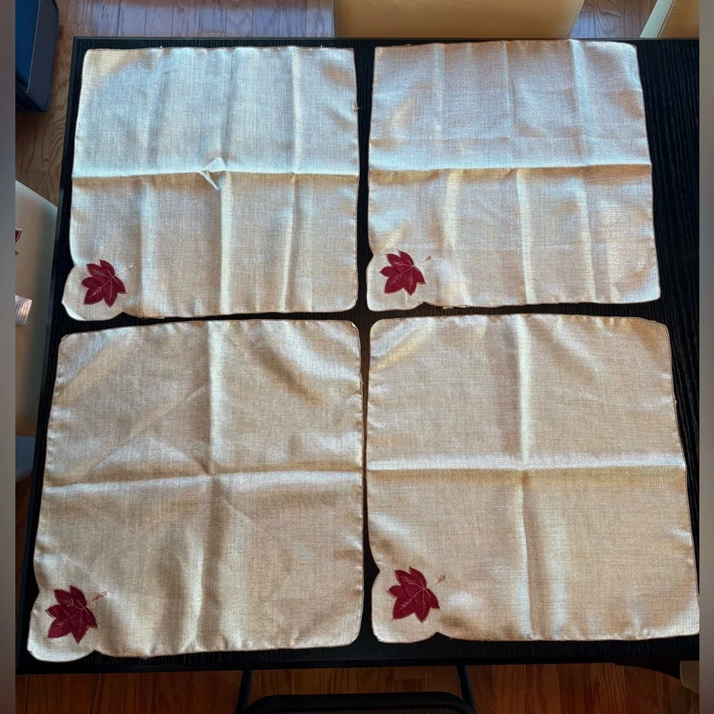 Set of 4 Iridescent Champagne Cloth Napkins with Red Leaf Design
